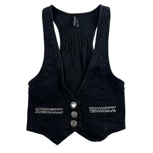 Vtg Y2K XS Vest Top Black Goth Rock Button Up Grunge Cropped Denim Alt Coquette
